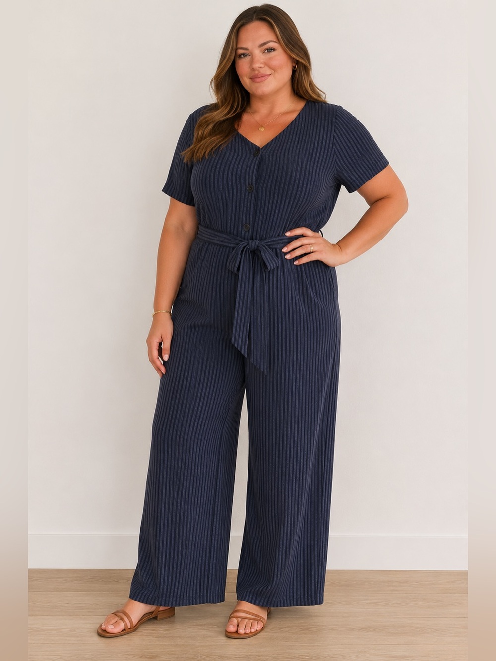 Navy Pinstripe Jumpsuit with Tie Waist - size L